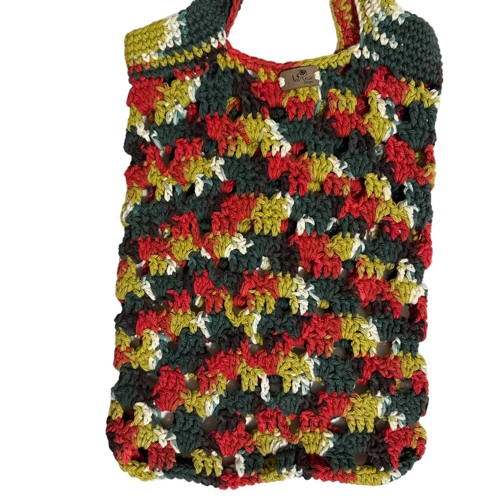 Hand Crochet Green Red‎ Hand Bag Tote Bag